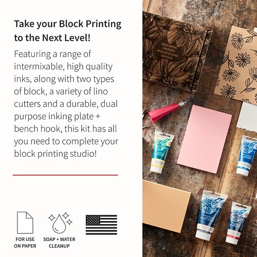 Speedball Deluxe Block Printing Kit - Includes Inks, Brayer, Bench Hook, Lino Handle and Cutters, Speedy-Carve Block, Mounted Linoleum Block - WoodArtSupply