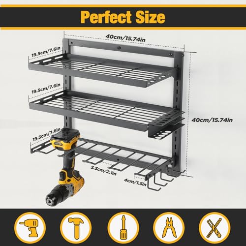 COFIT Power Tool Organizer, Power Drill Tool Holder with Charging Station, Wall Mount Tool Storage Organizer, 3 Layers Adjustable Height Iron Tool - WoodArtSupply