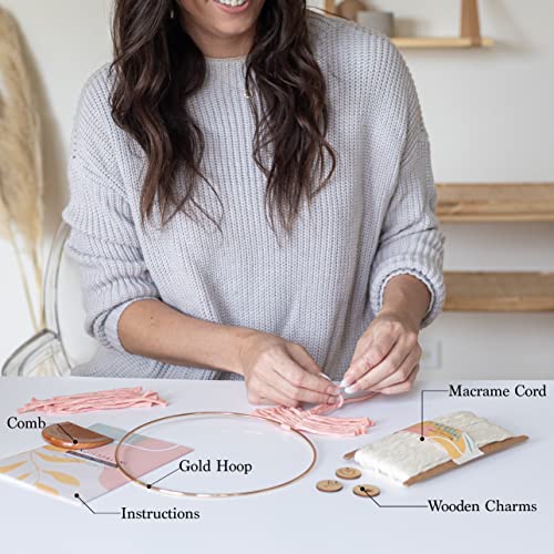 DIY Macrame Kit, Feather Dream Catcher Wall Hanging Kits for Teens & Adult Beginners, Craft Supplies for Boho Art Project-Macrame Cord, Gold Hoop, Aesthetic Creative