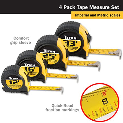 Titan 10902 4-Piece Tape Measure Set (12', 16', 25' and 33') - WoodArtSupply