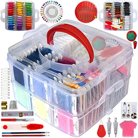 QCZKB 188 Embroidery Floss Set Including Cross Stitch Threads Friendship Bracelet String with 2-Tier Transparent Box, Floss Bobbins and Cross Stitch QCZKB