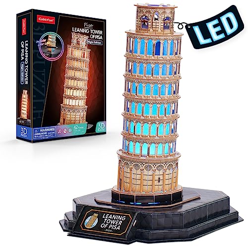 CubicFun 3D Puzzle LED Leaning Tower of Pisa with Colorful Lights 3D Puzzles for Adults Model Kits Italian Building Crafts for Adults Brain Teaser - WoodArtSupply