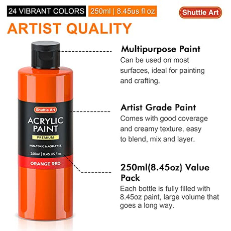 Acrylic Paint, Shuttle Art 24 Colors Acrylic Paint Bottle Set, 250ml/8.45oz Each, Rich Pigments, High Viscosity, Bulk Paint for Artists, Beginners Shuttle Art
