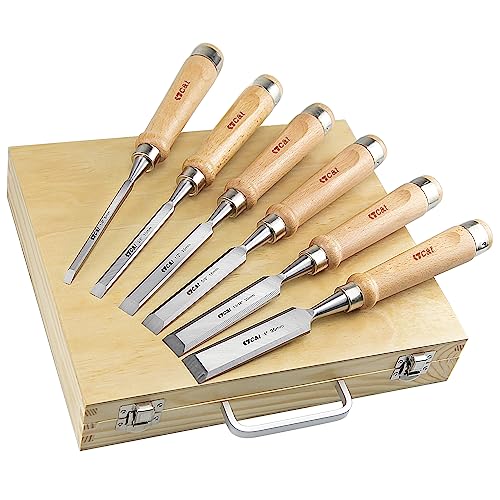 C&T 8 Pieces Premium Wood Chisel Set with Wooden Case,6 Pieces Wood Chisel with 2 Sharpening Stone,Woodworking Carving Chisel Kit,Chrome Vanadium - WoodArtSupply