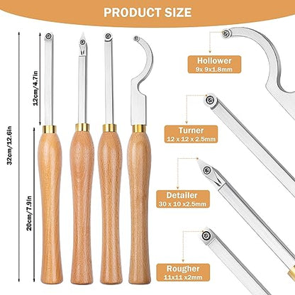 Carbide Woodturning Tool,4Pcs Carbide Tipped Wood Turning Tools Set,Solid Wood Handle and Carbide Inserts Perfect For Woodturning or Small to
