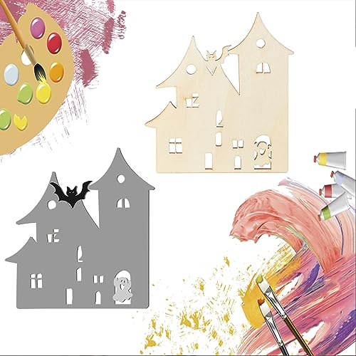 Halloween Blank Spook House Wood Haunted House Wood Ghost Wooden with Twines Art Unfinished Ornaments for Christmas Wedding Birthday Party Halloween Zontween