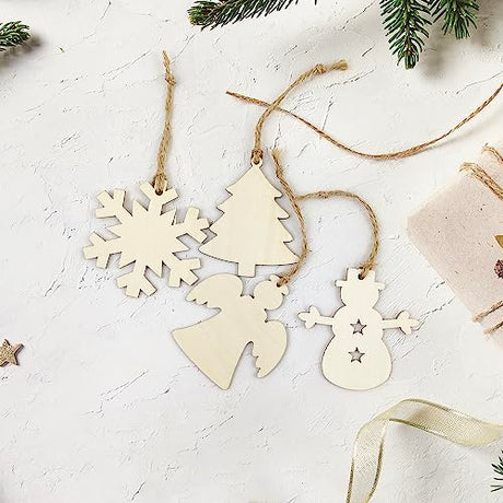 48 Pieces Wooden Christmas Ornaments Unfinished Wooden Christmas Trees, Snowmen, Angels, Snowflakes Cutouts Christmas Hanging Decoration Craft Gift Xonzmmk