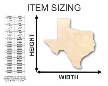 Unfinished Wood Texas Shape - State - Craft - up to 24" DIY 6" / 1/4"