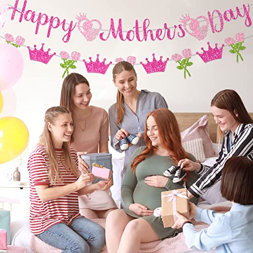 Whaline 2Pcs Happy Mother's Day Banner Set Pink Glitter Heart Rose Crown Pattern for Mother's Day Party Decorations Glitter Garland Photo Backdrop Whaline