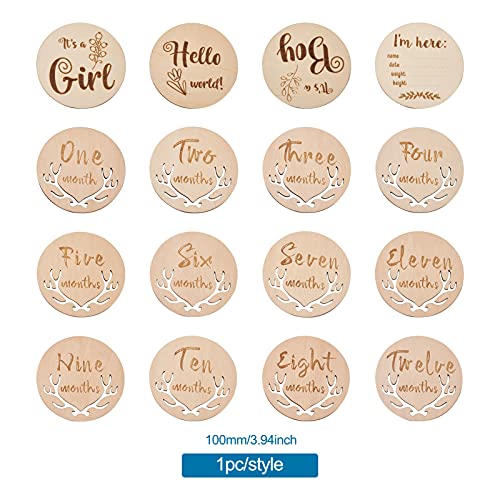 16pcs Baby Monthly Milestone Cards Basswood Milestone Cards with Word Flat Round Wooden Baby Milestone Sign for Baby Registry & Shower Gifts, Newborn EEE ELECRELIVE