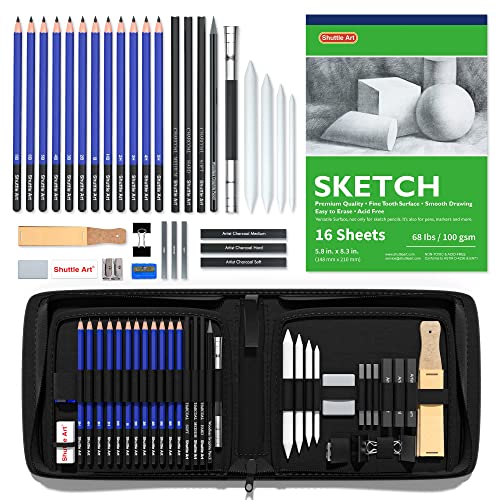 Shuttle Art Sketching and Drawing Pencils Set, 37-Piece Professional Sketch Pencils Set in Zipper Carry Case, Drawing Kit Art Supplies with Graphite - WoodArtSupply