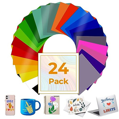 EPRCUT Permanent Vinyl Sheets, 24 Color 12" x 12" Adhesive Vinyl Bundle, Outdoor Waterproof Permanent Vinyl for All Cutting Machine Craft Cutter, EPRCUT