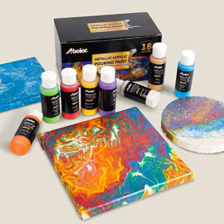 ABEIER Metallic Acrylic Pouring Paint, Set of 18 Metallic Colors Fluid acrylic paint, Pre-Mixed High Flow & Ready to Pour(18 x 2 oz./ 60 ml), Pouring Abeier