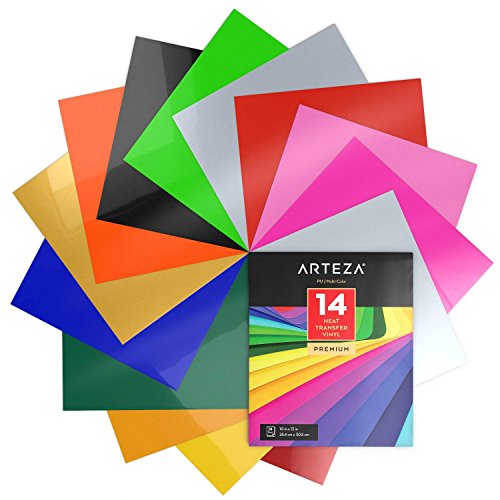 ARTEZA HTV Vinyl Bundle, 14 Multi-Color Iron On Heat Transfer Sheets, 10x12 Inches, Flexible & Easy to Weed, Use with Any Craft Cutting Machine, ARTEZA