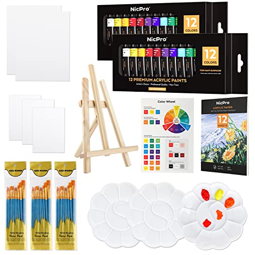 Nicpro Acrylic Paint Set, Kid & Adult Art Painting Party Kit, 2 Set of Acrylic Paint (12 Colors), 30pcs Paint Brushes,5 Canvas Panel,Wood Easel,3 - WoodArtSupply