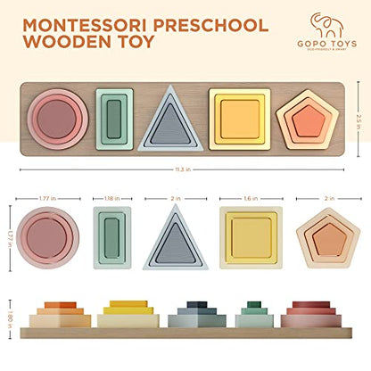 GOPO TOYS Montessori Toys for 18+ Months Old - Toddlers Wooden Sorting and Stacking Toys for Baby Boys and Girls - Shape Sorter and Color Stacker