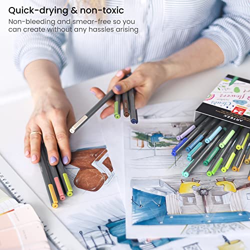 ARTEZA Felt Tip Pens, Set of 24 Landscape Brush Tip Calligraphy Pens for Note Taking, Sketching, Cross-Hatching, Outlining, Dye-Based Ink, Smear-Free ARTEZA