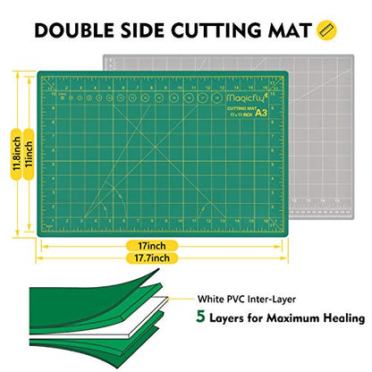 Magicfly Rotary Cutter Set, 45mm and 28mm Fabric Cutters Kit with Extra 10 Blades, A3 Double-Sided Self Healing Cutting Mat, 12x6 Inch Quilting Ruler - WoodArtSupply