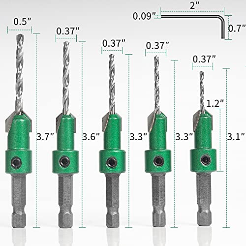 KOWOOD Pro Countersink Drill Bit Set #4, 6, 8, 10, 12, 5-Piece for Wood,High Speed Steel Woodworking Carpentry Reamer with 1 Free Hex Key Wrench - WoodArtSupply