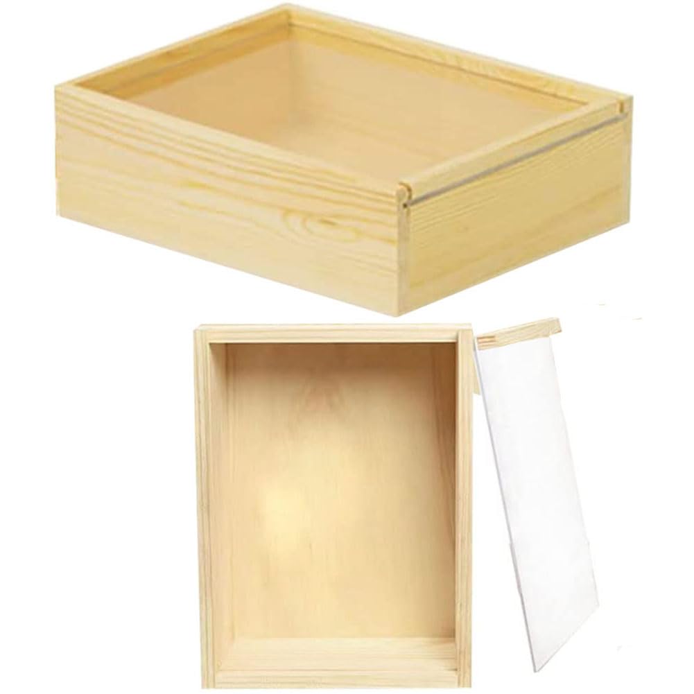 YCOSAN 2 Pack Unfinished Wood Boxes - 7.9 x 5.9 x 2.7 Inch Wood Boxes, Wooden Boxes for Crafts, Large Craft Wooden Box with Sliding Transparency Lid YCOSAN