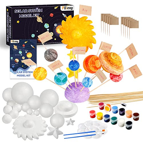 Pllieay 63PCS Solar System Foam Ball Kit Includes Color Pigments, Palette, Mixed Sized Polystyrene Spheres Balls, Toothpick Flag, Painting Brushes, Pllieay