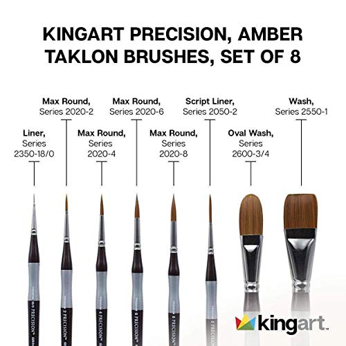 KINGART 1070C Premium Precision Mixed Media Artist Paint Brushes Set of 8, Ergonomic Comfort Short Handle, Oil, Watercolor, Acrylic Painting, Gift KINGART