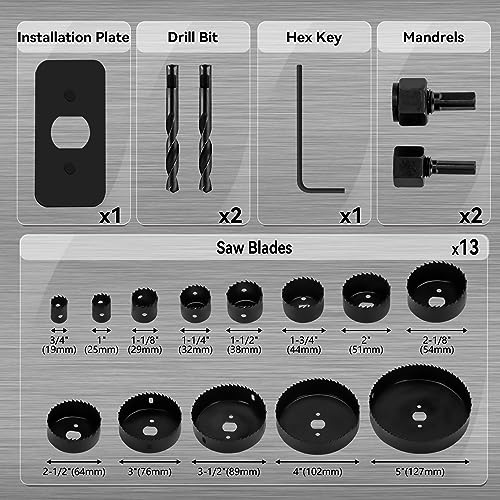 KATA Hole Saw Kit, 18 Pieces Hole Saw Set with 3/4"-5"(19-127mm) Saw Blade, 2 Mandrels, 2 Drill Bits, 1 Installation Plate, 1 Hex Key with Case,