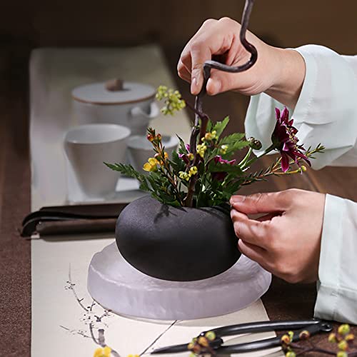 WANDIC Flower Arrangement Vase Kit, Black Pebble Ceramic Planter Pot with 4cm Kenzan Flower Frog Pottery Floral Arranging Pin Needle Holder for Desk - WoodArtSupply