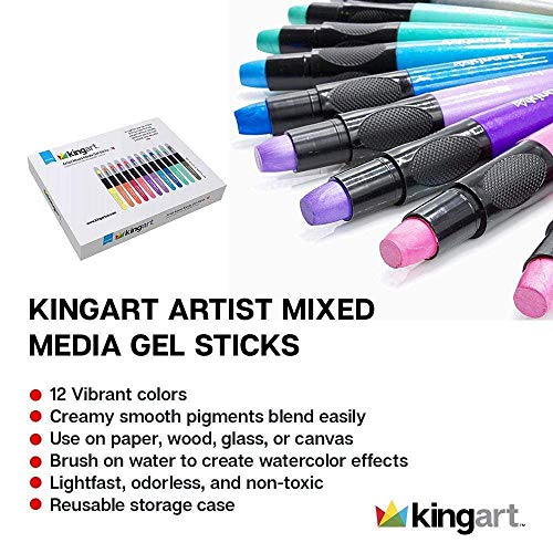  KINGART 581-12 Metallic GEL STICK Set, Artist Pigment Crayons,  12 Rich Metallic Colors, Water Soluble, Creamy, and Odorless, Use on Paper,  Wood, Canvas and more