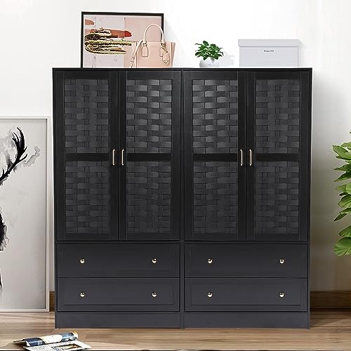 LEVNARY Armoire Wardrobe Closet with 2 Woven Doors, Wardrobe Cabinet with 2 Storage Drawers and Hanging Rail, Freestanding Wooden Closet for Bedroom LEVNARY