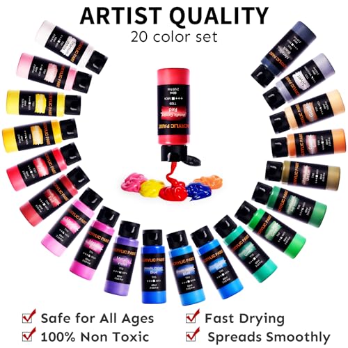 Metallic Acrylic Paint Set with 12 Brushes, Metallic Acrylic Paint Sets with 20 Colors (60ml, 2oz), Acrylic Paint Set for Artists, Beginners on TMOL