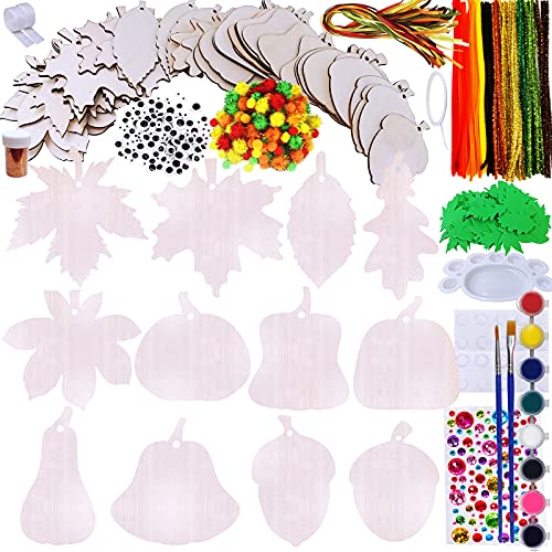 Winlyn 36 Sets Hanging Pumpkin Maple Leaf Acorn Wooden Ornaments Fall Craft Kits Paintable Unfinished Wood Pumpkin Autumn Leaf Acorn Cutouts Pom-Poms