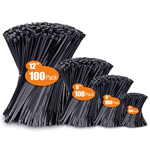Zip Ties Assorted Sizes(4”+6”+8”+12”), 400 Pack, Black Cable Ties, UV Resistant Wire Ties by ANOSON ANOSON