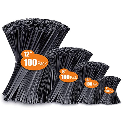 Zip Ties Assorted Sizes(4”+6”+8”+12”), 400 Pack, Black Cable Ties, UV Resistant Wire Ties by ANOSON