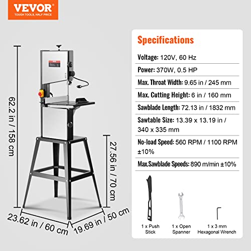 VEVOR Band Saw with Stand, 10-Inch, 560 & 1100 RPM Two-Speed Benchtop Bandsaw, 370W 1/2HP Motor with Metal Stand Optimized Work Light Workbench Fence VEVOR