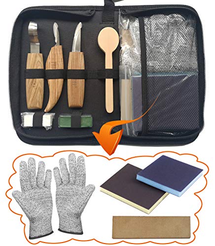PRUGNA Wood Carving Tools Set for Spoon, Kuksa, etc. Carving Kit Contains 3 Knives, Sanding Sponges, Whetstone, Strop and Polishing Compound - with PRUGNA