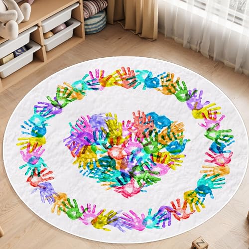 Round Colorful Handprints Kids Area Rug, Washable Nursery Rug for Kids Bedroom, Non-Slip Play Mat Ultra Soft Non-Slip Carpet Indoor Mat for Classroom Fubullish
