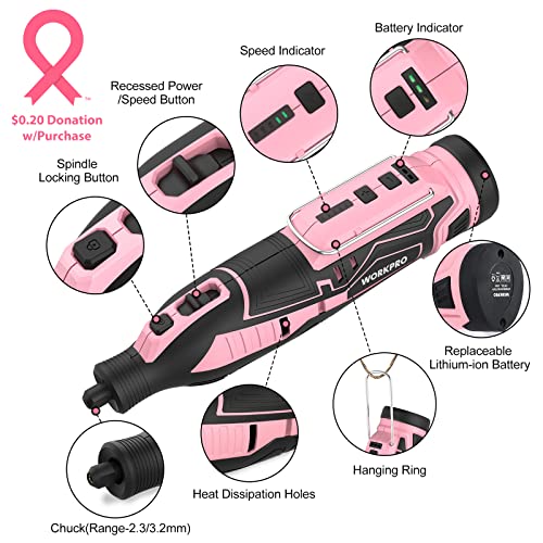 WORKPRO Pink 12V Cordless Rotary Tool Kit, 5 Variable Speeds, Powerful Engraver, Sander, Polisher, 114 Easy Change Accessories, Craft Tool for WORKPRO