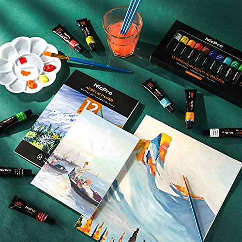 Nicpro Acrylic Paint Set, Kid & Adult Art Painting Party Kit, 2 Set of Acrylic Paint (12 Colors), 30pcs Paint Brushes,5 Canvas Panel,Wood Easel,3