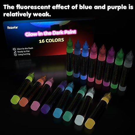 Roizefar Fabric Paint, 16 Colors Glow in the Dark Paint, 3D Permanent Acrylic Textile Paint (20 ml/0.68 oz), Neon Craft Painting Fabric Paint for Roizefar