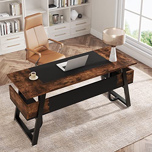 Tribesigns 63 Inches Desk with Bottom Shelves, Large Executive Desk, Computer Desk for Home Office, Business Workstation, Color Combination Table, Tribesigns
