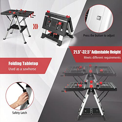 Goplus Portable Workbench, Folding Work Table & Sawhorse with Adjustable Height, 440LBS/1000LBS Capacity, Clamps, 2 x 4 Support Arms, Tool Tray,