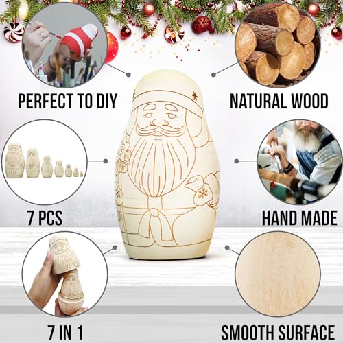 AEVVV Unfinished Russian Christmas Crafts Set 7 pcs - Unpainted Christmas Nesting Dolls Blank - Paint Your Own Matryoshka Father Frost, Snow Maiden, - WoodArtSupply