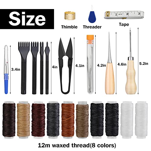 Yizzvb 46Pcs Leather Stitching Sewing Kit, Leather Sewing Tool Kit with 4mm Lacing Stitching Chisel, Waxed Thread and Large-Eye Stitching Needles for - WoodArtSupply