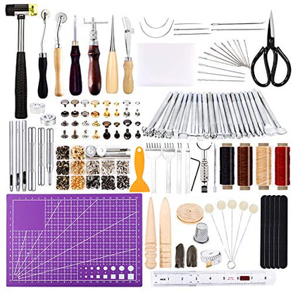 183Pcs Leather kit, Leather Working Tools Kit with Saddle Making Tools Set, Leather Rivets Kit, Prong Punch, Leather Hammer for Leather Working,