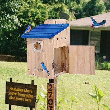 SUQEFAN 11" H Hanging Wood Blue Bird House for Outside Clearance with Metal Guard，Birdhouses for Outdoor Finch Bluebird Cardinals，Gifts for Bird - WoodArtSupply