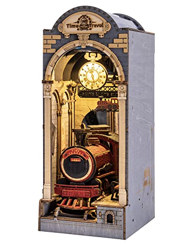 ROBOTIME DIY Book Nook Kit Insert Bookcase Book Stand 3D Wooden Puzzle DIY Miniature House Wood Bookend Book Nook Model Building Kit with LED Light ROBOTIME