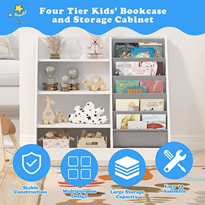 White 4-Tier Kids Wooden Bookshelf with Five Sling Pockets for Toys and Books Storage - WoodArtSupply