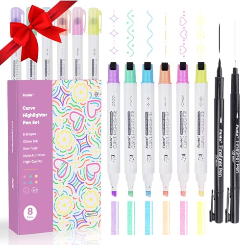 Funto Curve Highlighter Pen Set for Note Taking, 8 Pens, Dual-Tip with 6 Curve Shapes, 6 Glitter Chisel Tips, 2 Fineliner Pens, Ideal for - WoodArtSupply