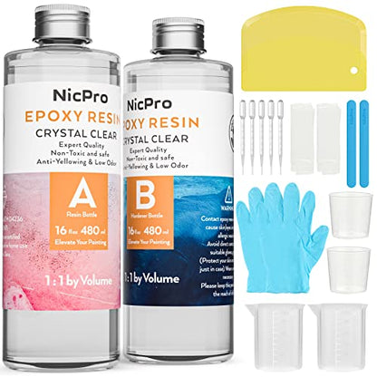 Nicpro 32 Ounce Crystal Clear Epoxy Resin Kit, DIY Starter Epoxy Resin Supplies with 4 Measuring Cups, 2 Silicone Sticks, Gloves, Spreader for Craft - WoodArtSupply